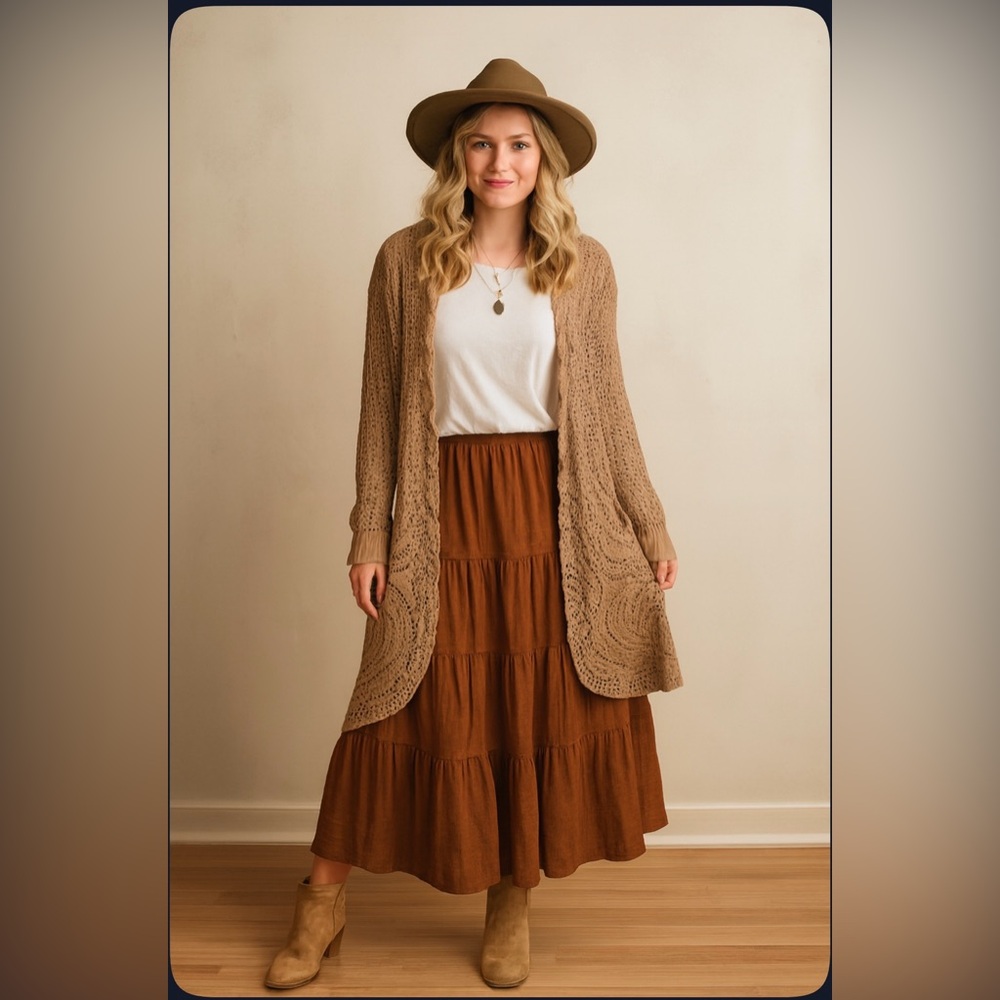Joseph A. Women's Tan Open-Knit Crochet Long Cardigan Size Medium